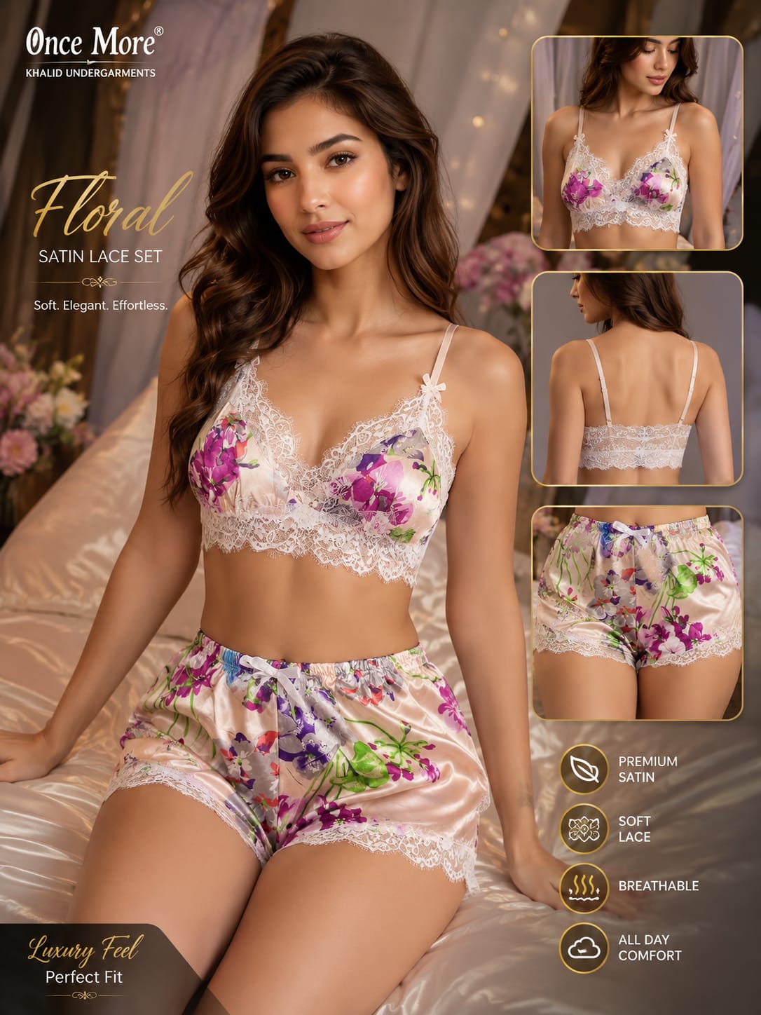 Once More Floral Satin Lace Lingerie Set